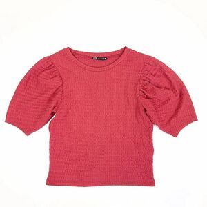 ZARA Cottagecore Puff Sleeve Textured Crew Neck Knit Top Rose Pink Womens Small